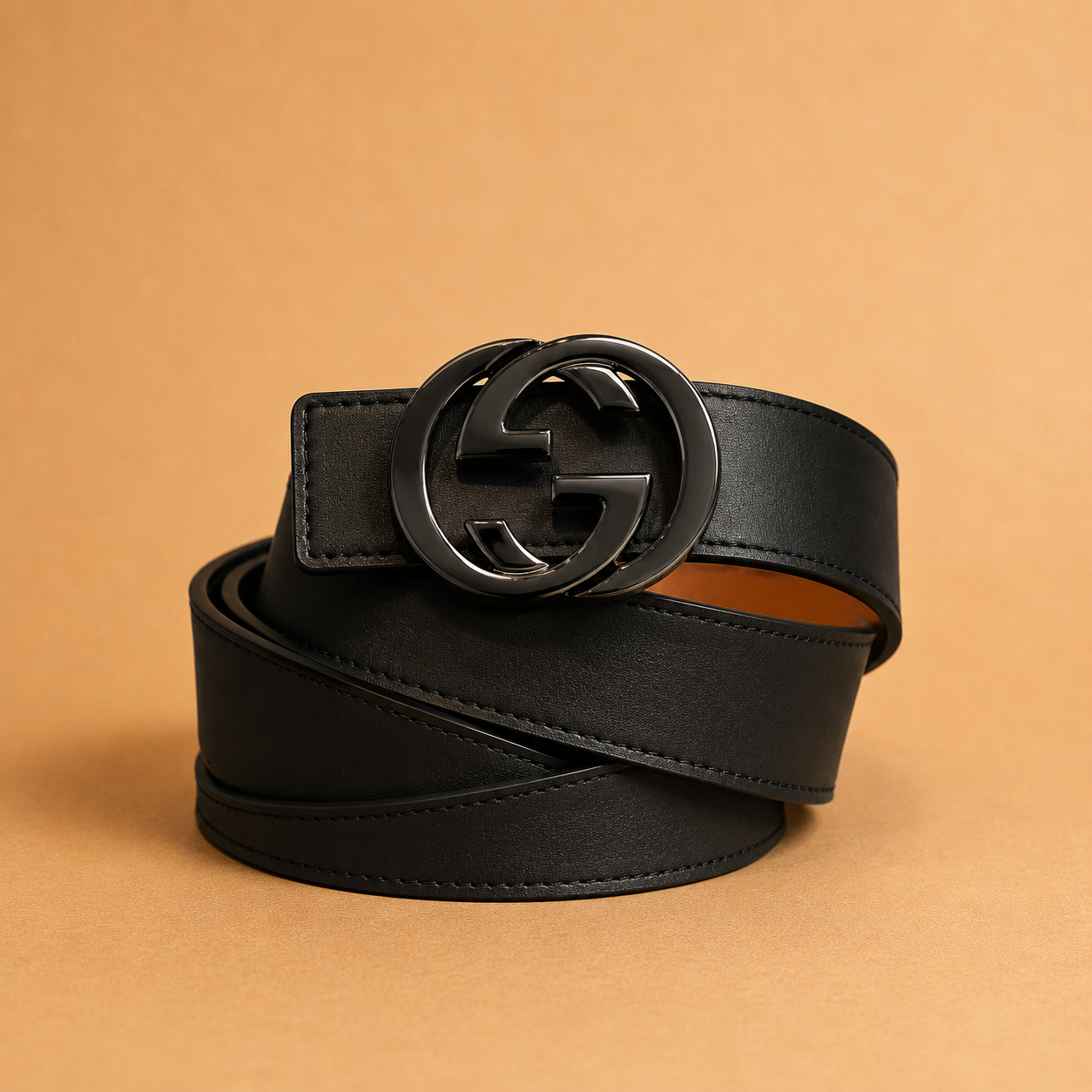 Premium Black Leather Belt - Matte GG Logo Buckle
