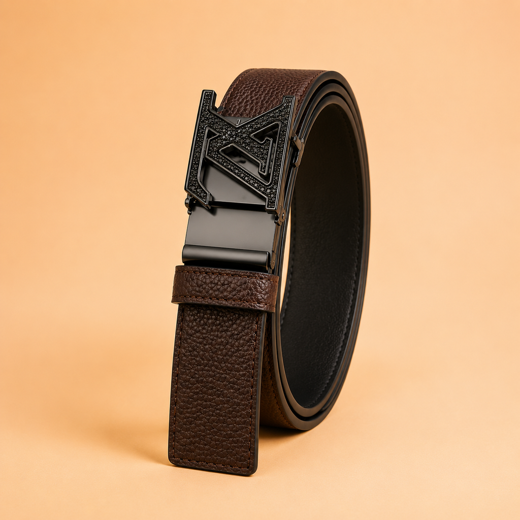 Premium Textured Leather Belt – Dark Brown with Statement Buckle