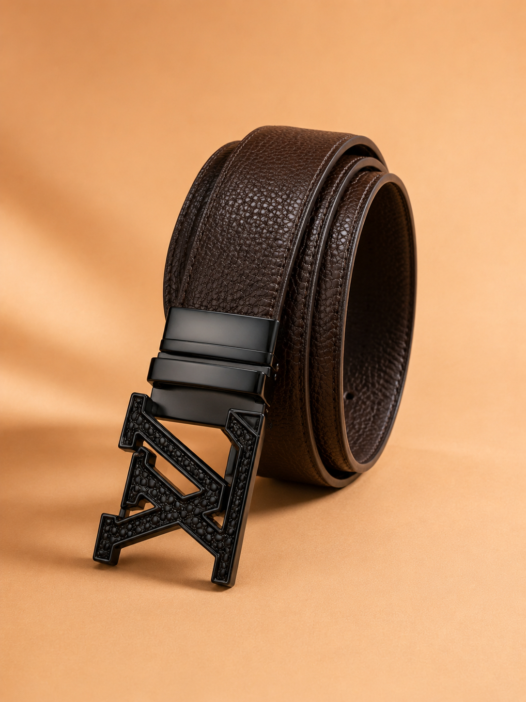 Premium Textured Leather Belt – Dark Brown with Statement Buckle