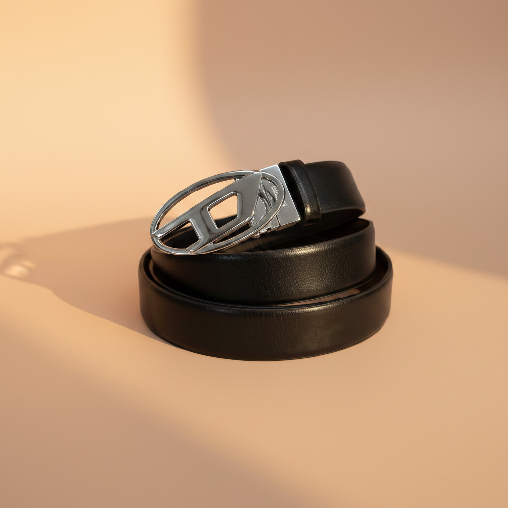 Diesel Black Leather Belt – Silver Oval Logo Buckle