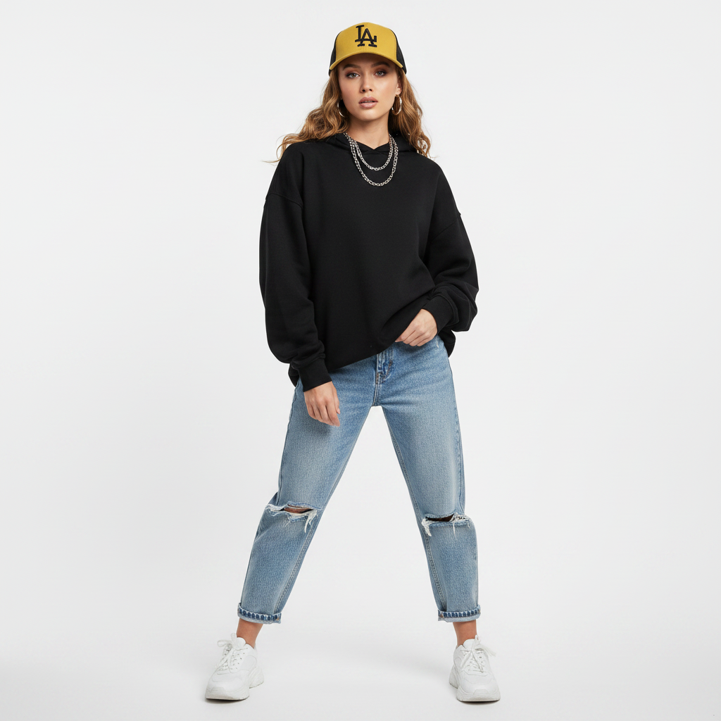 Female Model with Yellow LA Trucker Cap