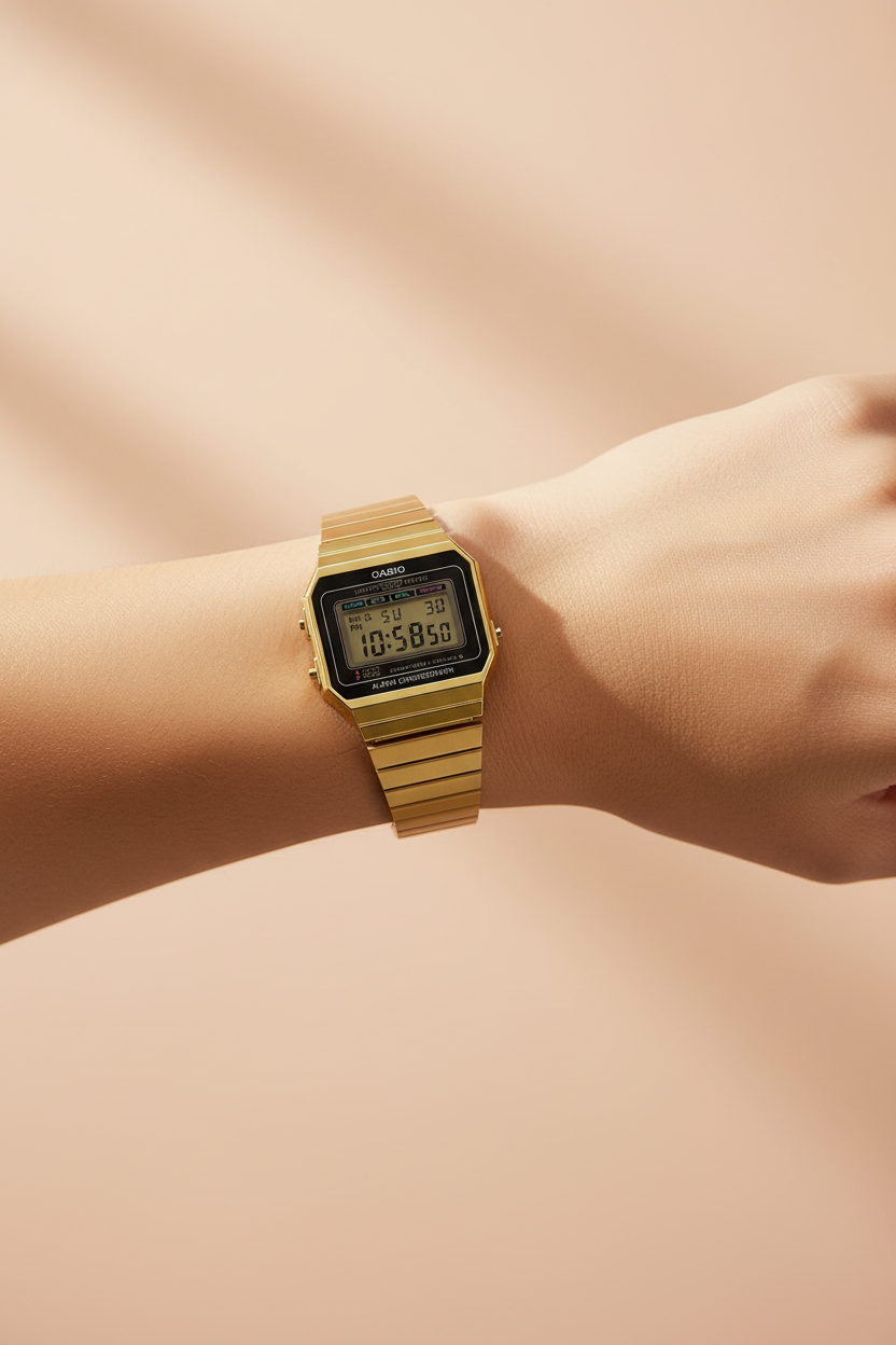 Gold digital watch on wrist with light peach background