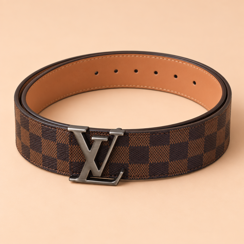 Brown checkered belt coiled on peach background