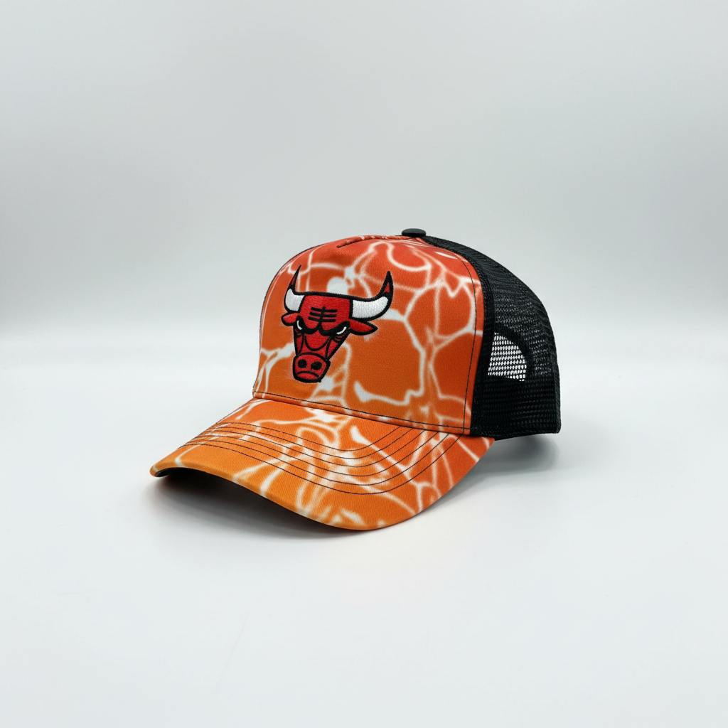Chicago Bulls Orange Flame Trucker Cap - Side Angle White Background