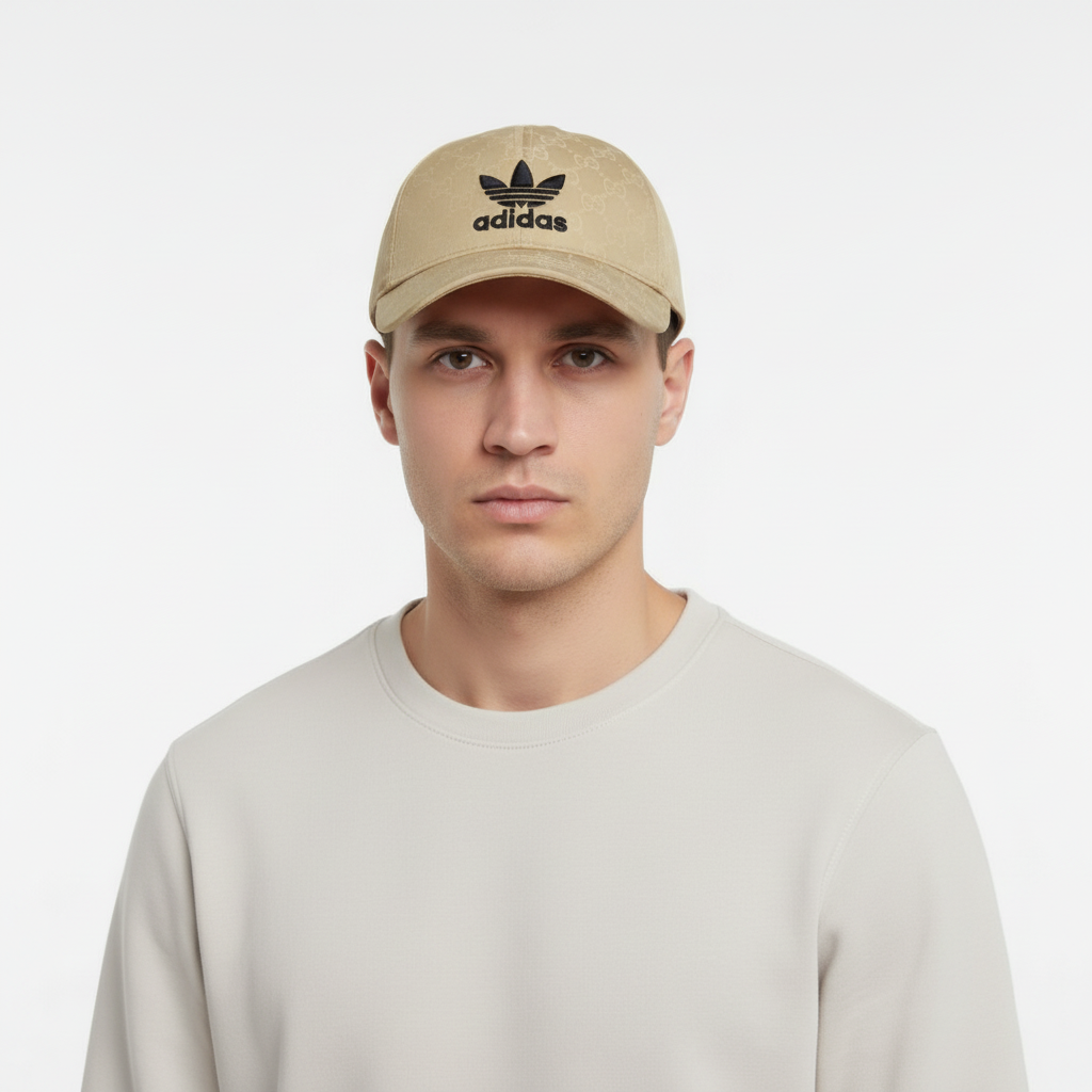 Male model wearing beige baseball cap, front view
