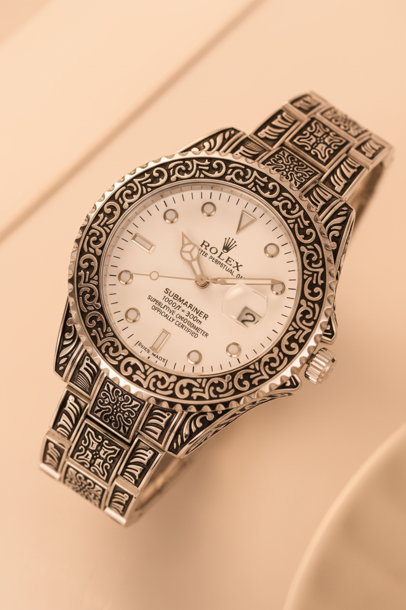 Close-up of white dial with intricate engraved bezel