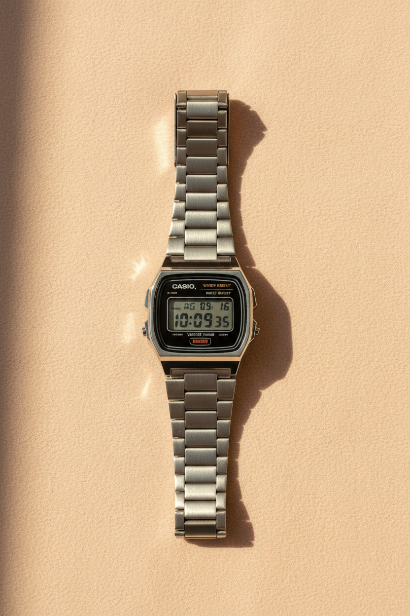 Complete watch flat lay view with silver bracelet