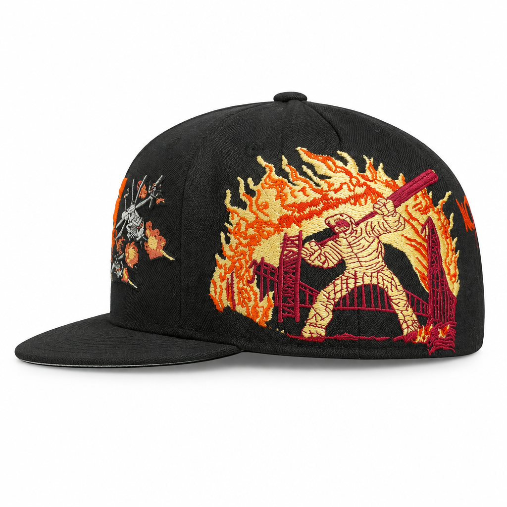Black cap with multicolour embroidered player artwork
