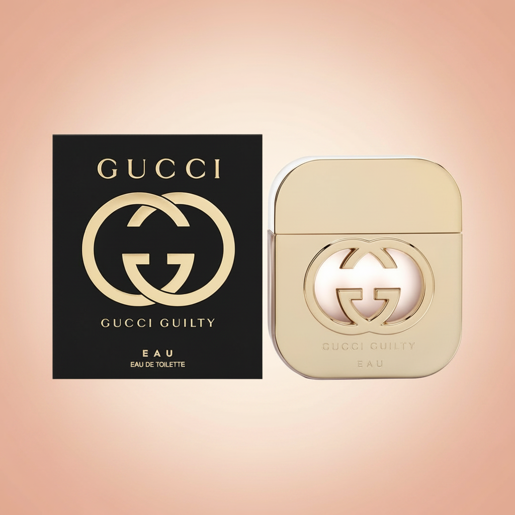 Guilty Eau bottle with black box on peach background
