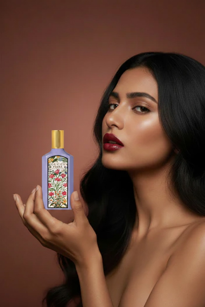 Model holding Gucci Flora Gorgeous Magnolia Perfume