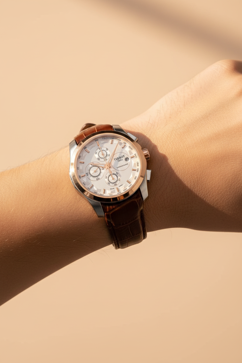Luxury chronograph watch on wrist with brown leather strap