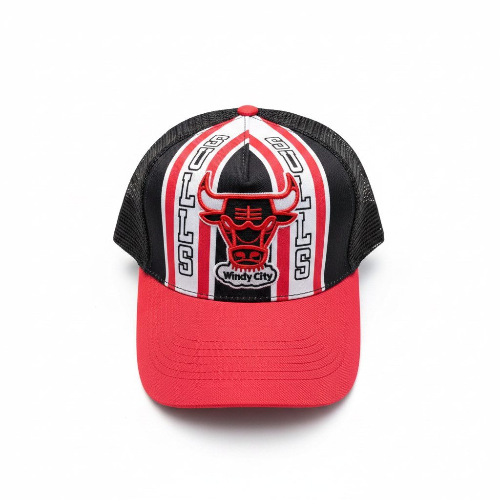 Chicago Bulls Windy City Striped Trucker Cap - Flat Lay Top Down White Background