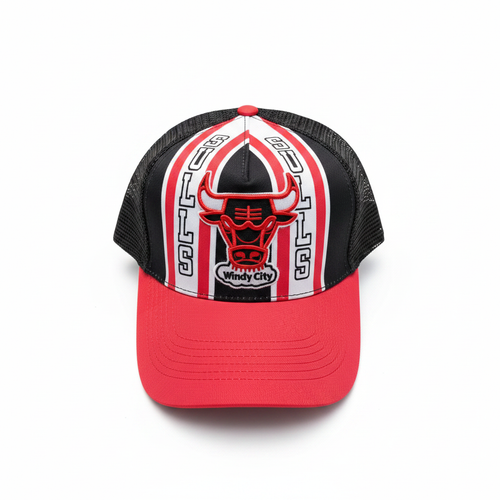 Chicago Bulls Windy City Striped Trucker Cap - Flat Lay Top Down White Background