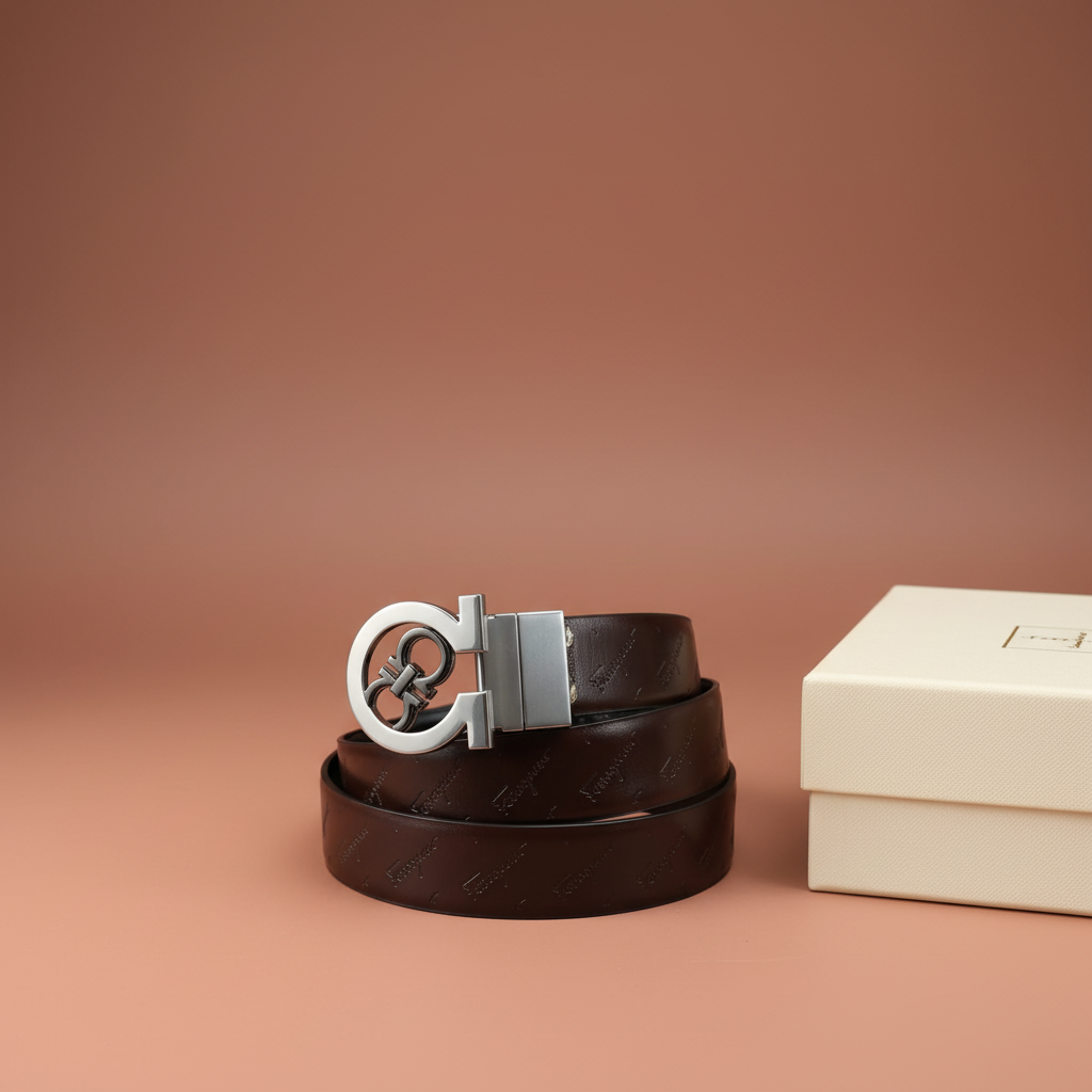 Ferragamo Silver Belt Brown - With Gift Box