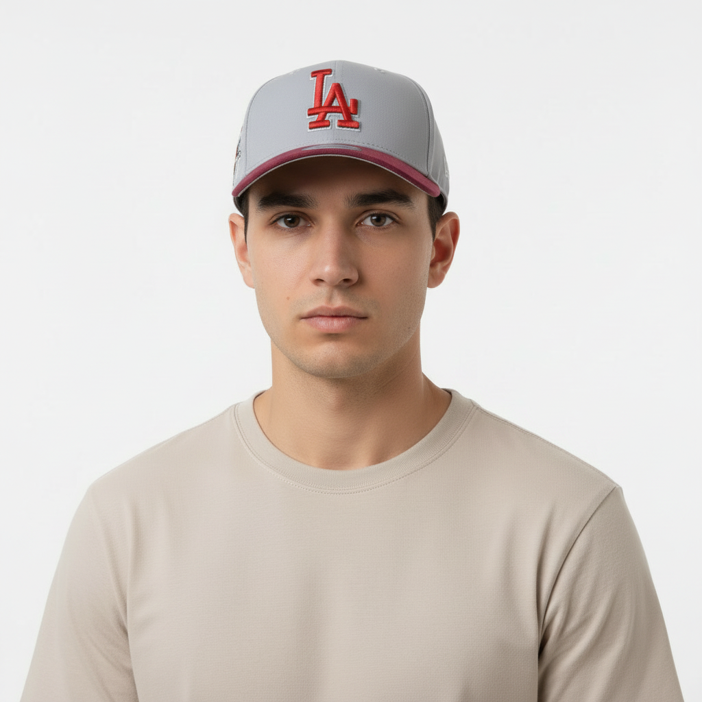 Male model wearing grey and burgundy baseball cap, front view