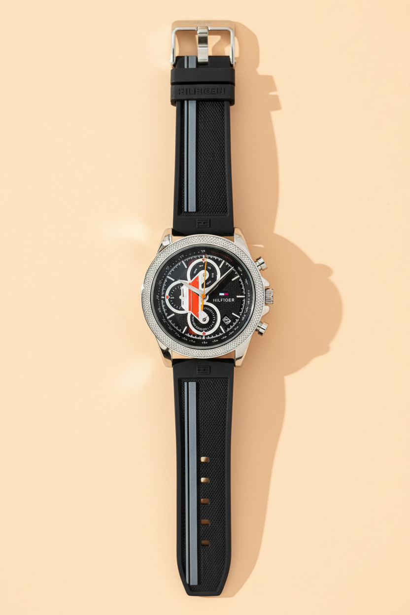 Flat lay complete watch view with rubber strap