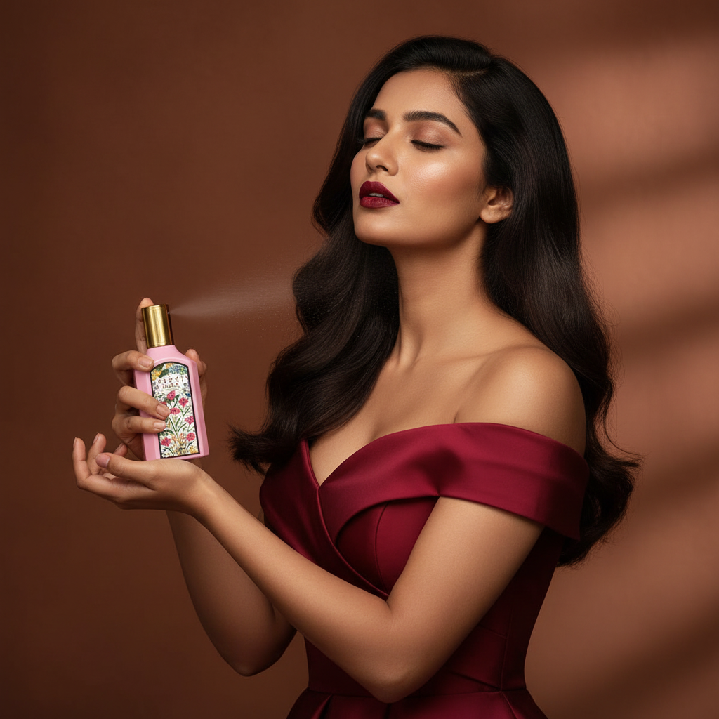 Model in red dress spraying Flora Gorgeous Gardenia Pink on wrist