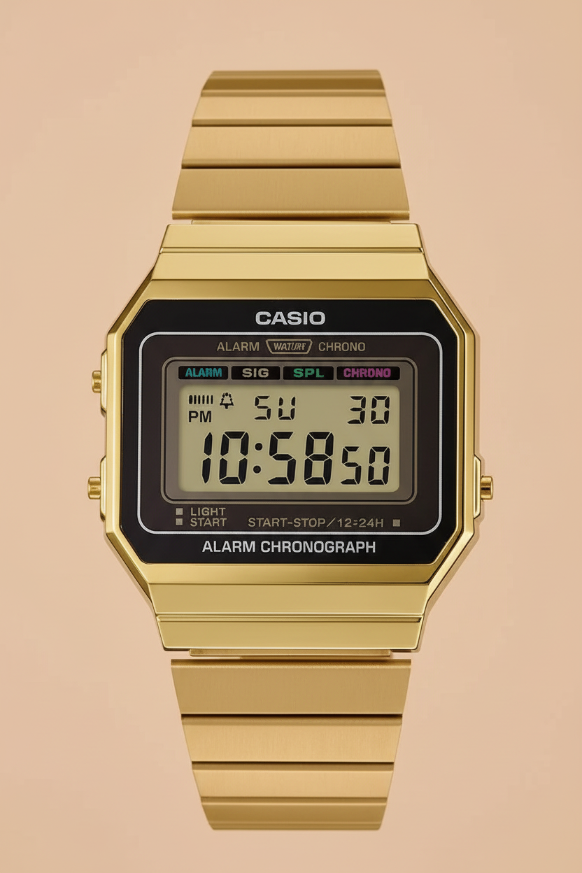 Close-up of gold watch LCD display with alarm chronograph