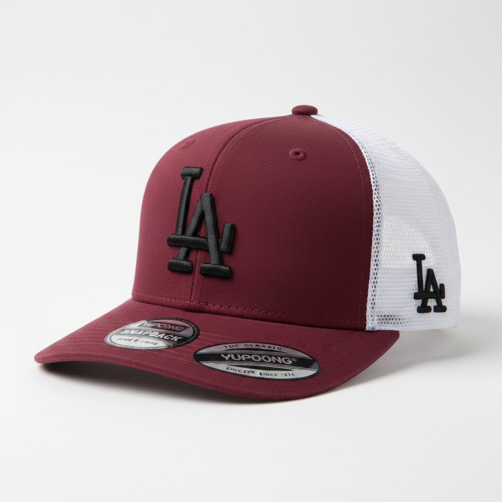 LA Wine Suede Trucker Cap — white background studio 45 degree side angle
