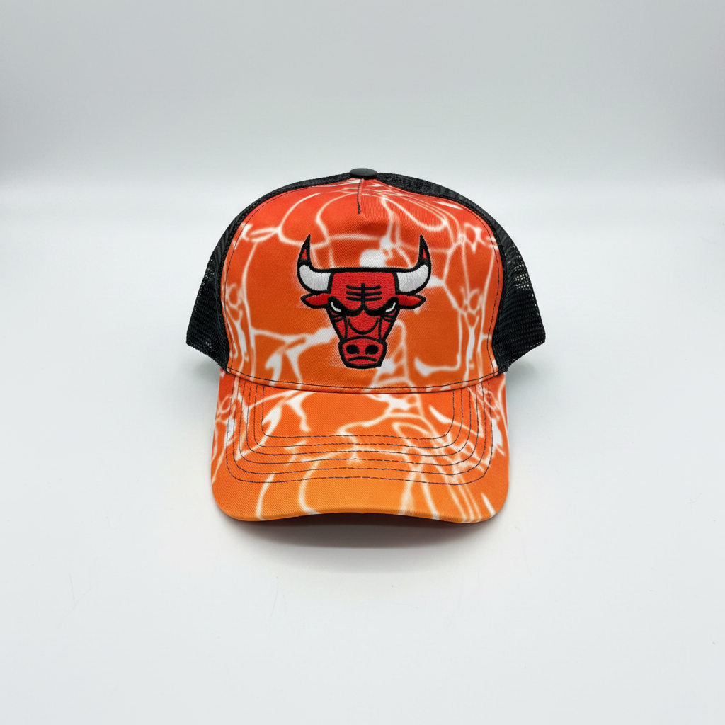 Chicago Bulls Orange Flame Trucker Cap - Flat Lay Top Down White Background
