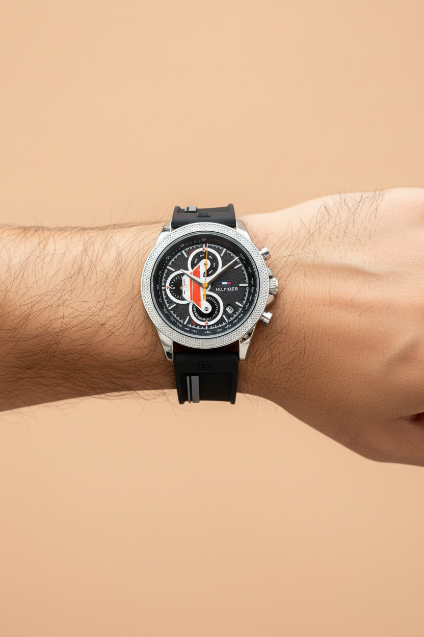 Chronograph watch on wrist with black dial