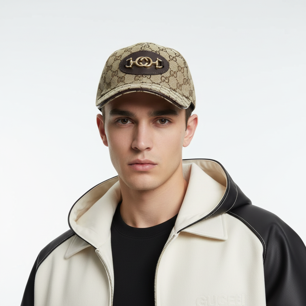 Gucci Beige Monogram Cap G125 - Front View Model White Background