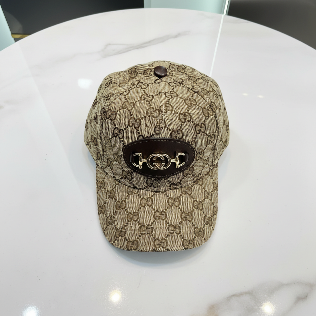 Gucci Beige Monogram Cap G125 - Flat Lay Top Down White Background