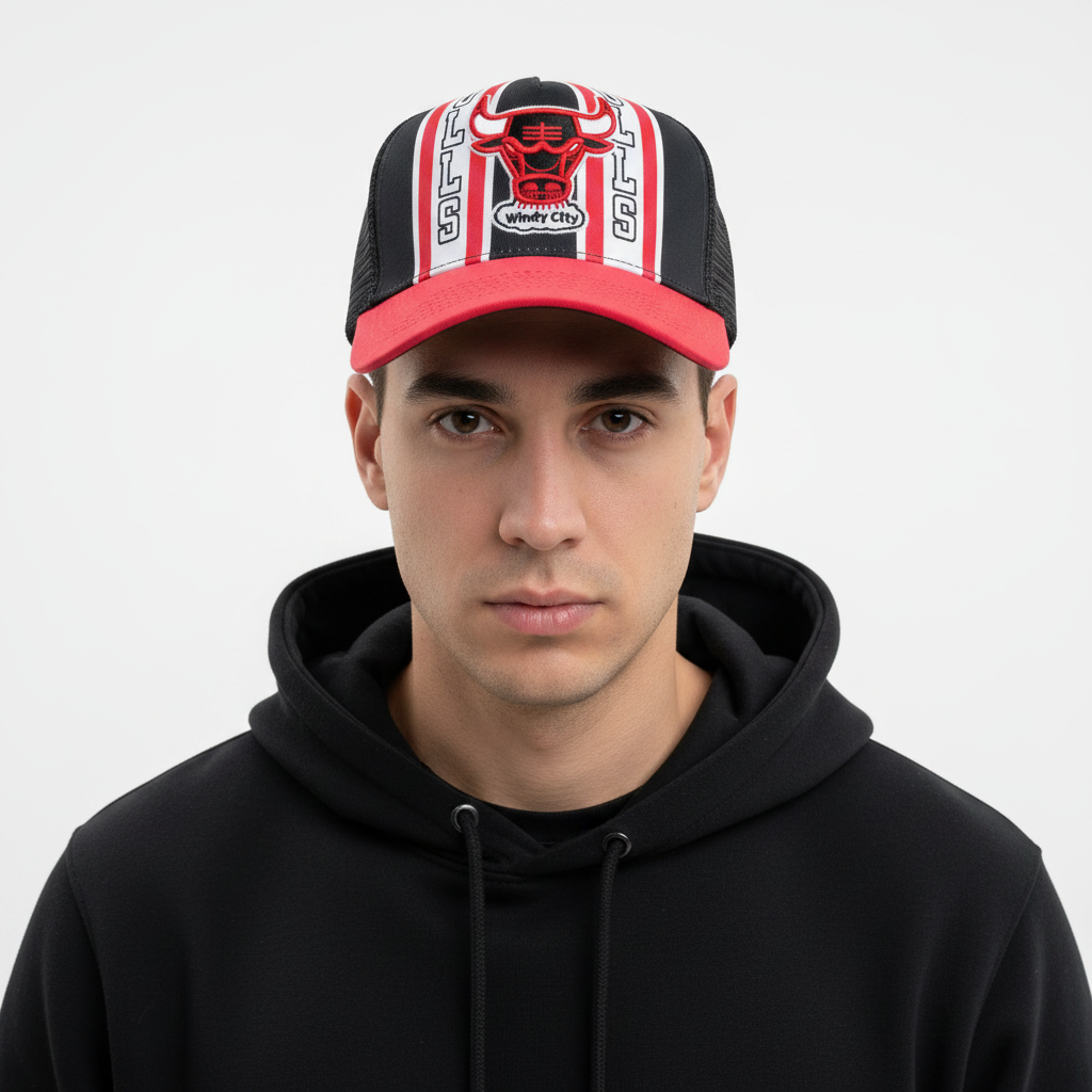 Chicago Bulls Windy City Striped Trucker Cap - Front View Model White Background