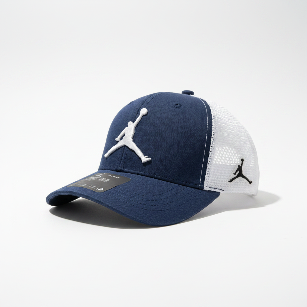 Jordan Jumpman Navy Blue Cap — white background studio 45 degree side angle