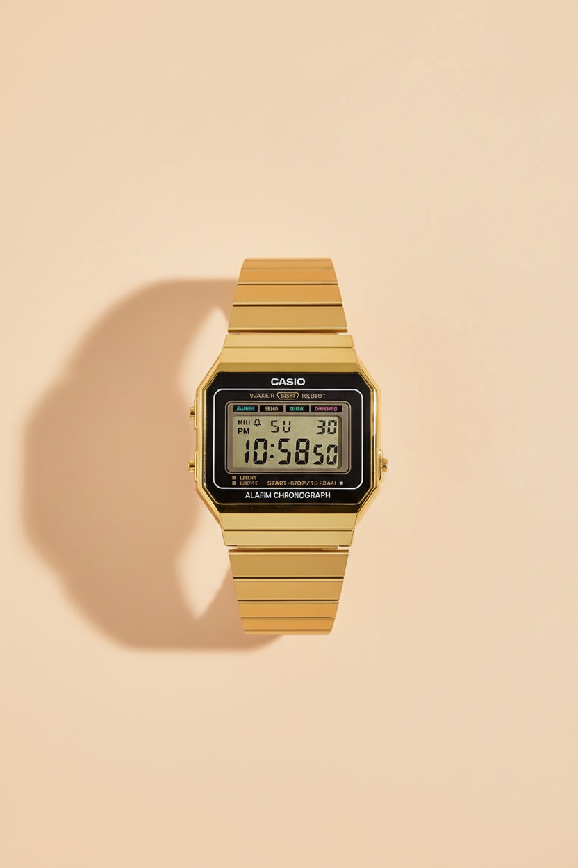 Flat lay view of complete gold digital watch