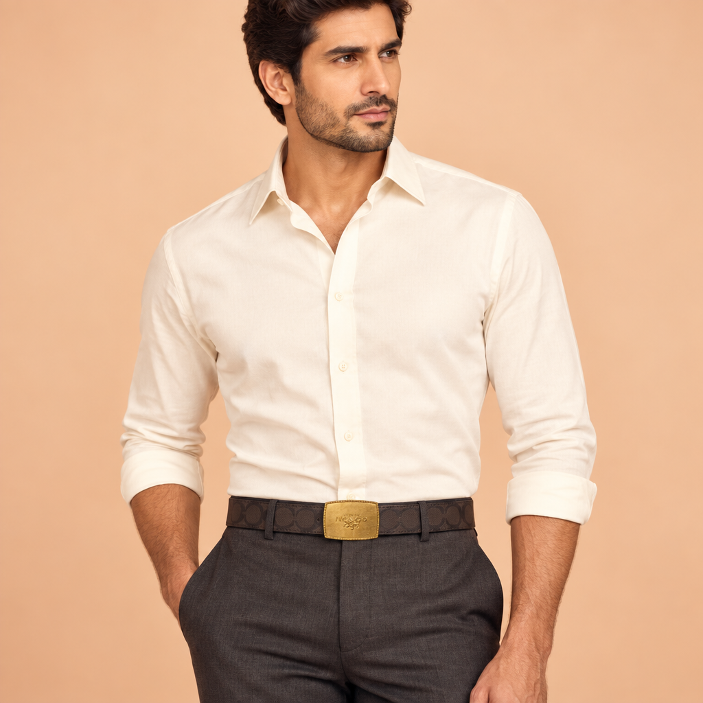 Male model wearing the dark brown embossed belt