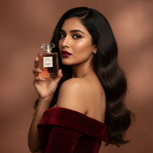 Model holding Coco Mademoiselle Intense perfume