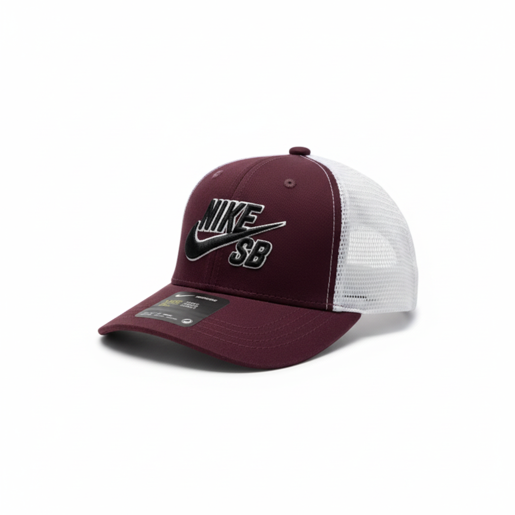 Maroon and white mesh trucker cap front-right view on white studio background