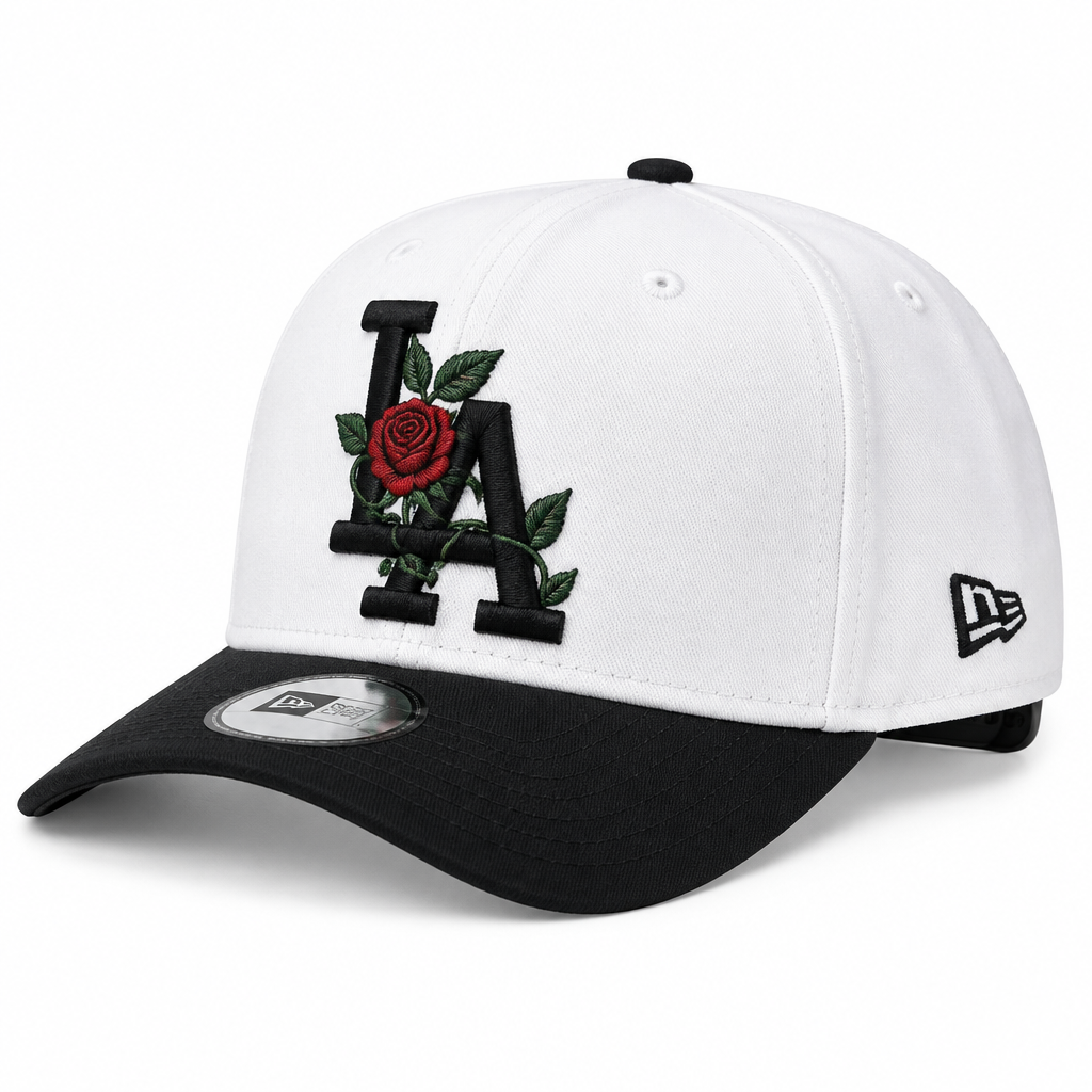 Front view of white and black rose embroidered cap