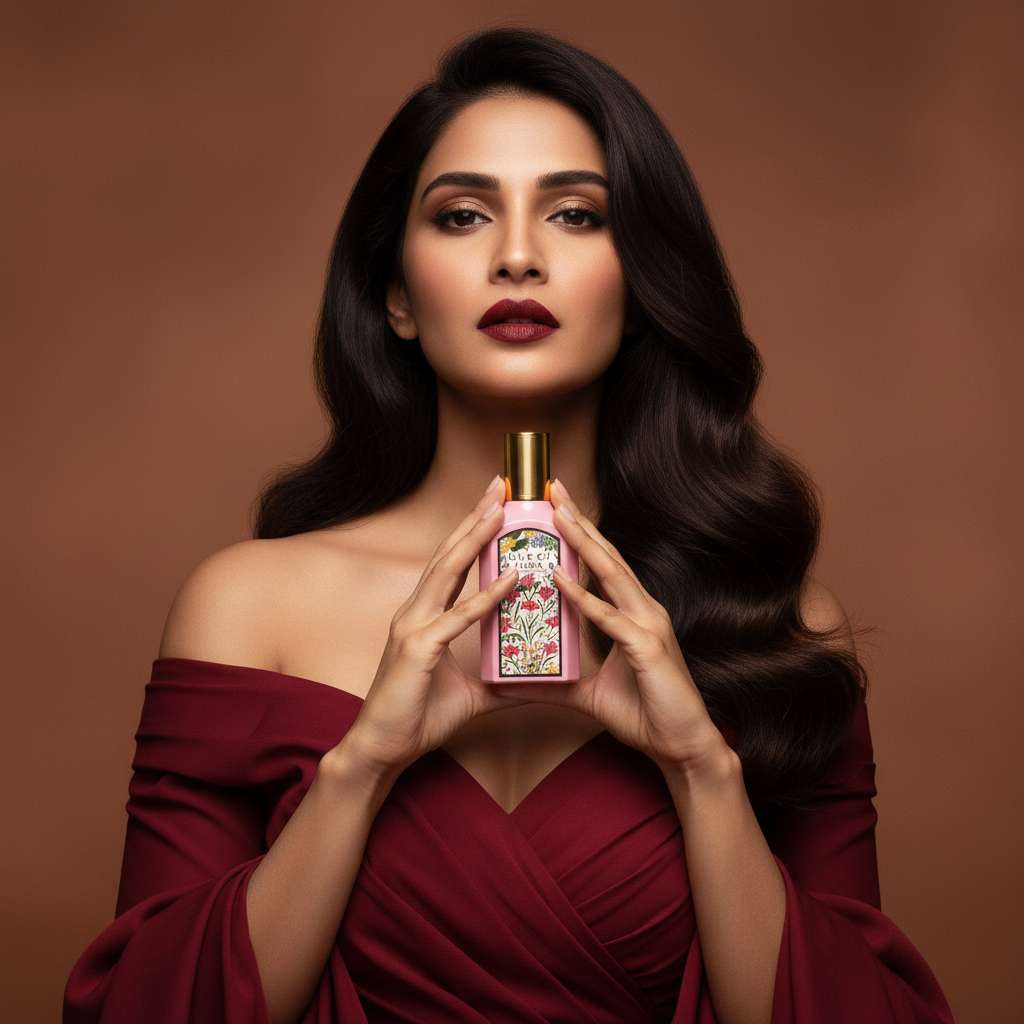 Model in red dress holding Flora Gorgeous Gardenia Pink Perfume at chest