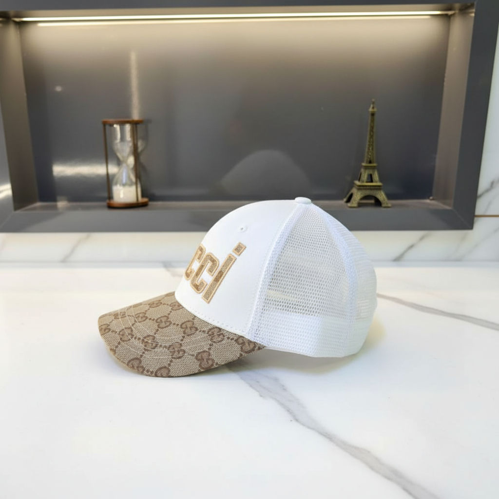 White trucker cap side profile – marble surface