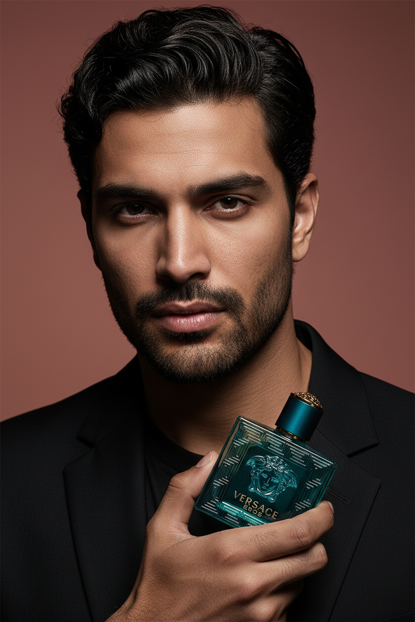 Premium Eros Inspired - Male Model Holding Luxury Fragrance