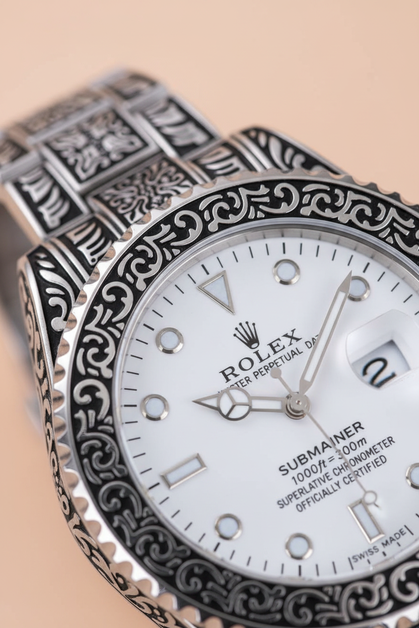Extreme close-up of white dial with engraved bezel