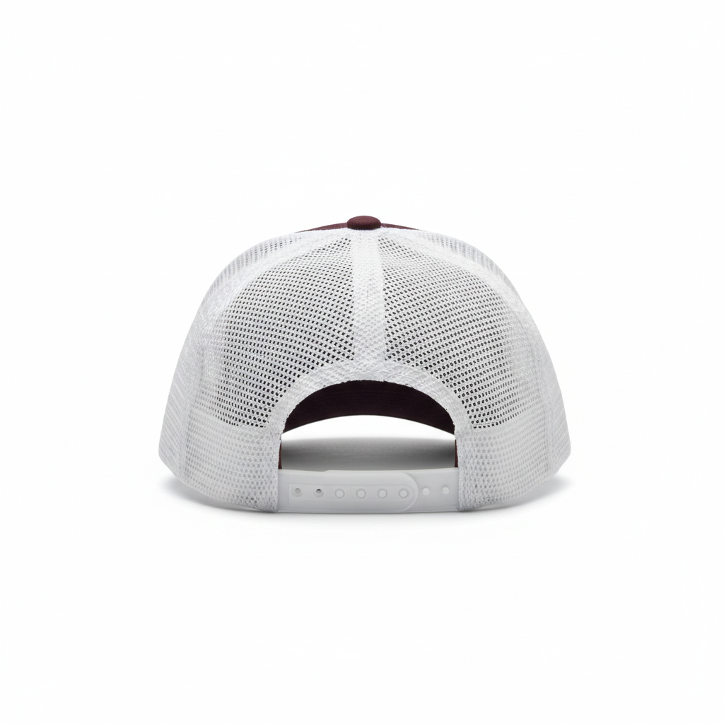 Maroon and white mesh trucker cap rear view on white studio background