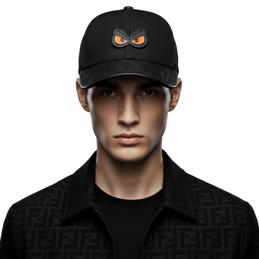 Fendi Black Monogram Cap - Front View Model White Background