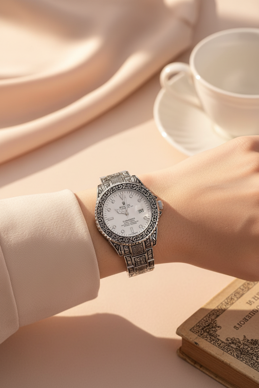Lifestyle shot of luxury engraved watch