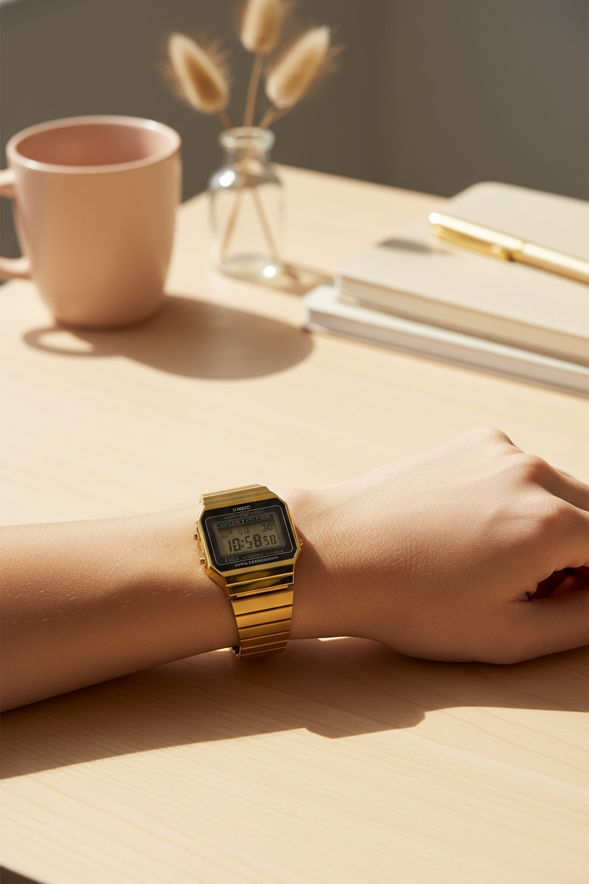 Lifestyle shot of gold watch in everyday wear
