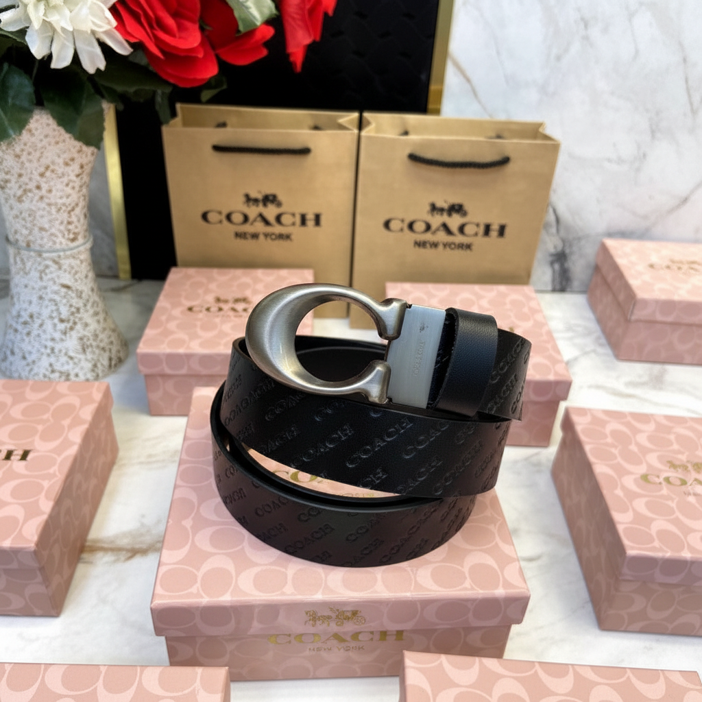 COACH Black Leather Belt with Signature Buckle