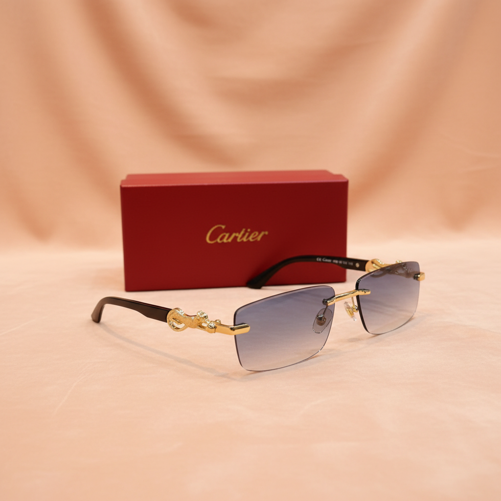 Cartier Panthère sunglasses leaning on gift box - peach background