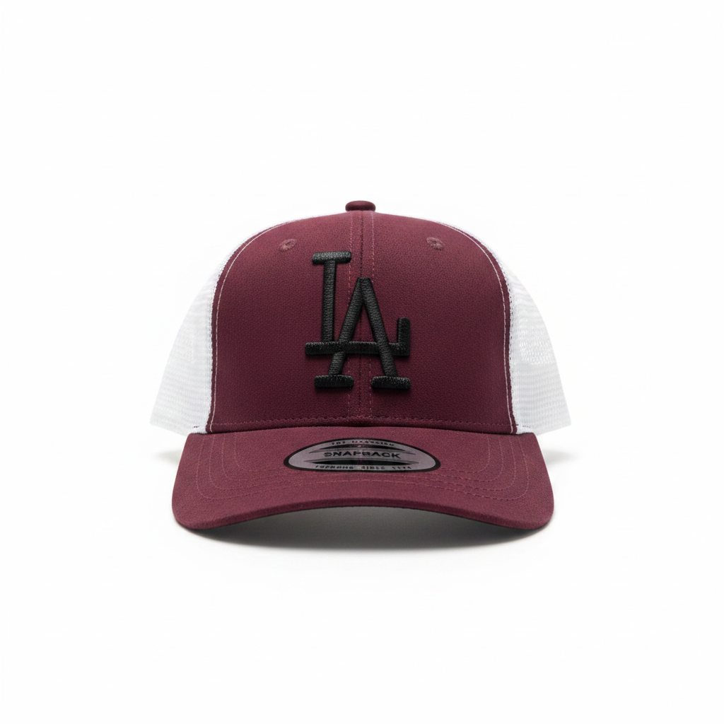 LA Wine Suede Trucker Cap — white background studio front shot