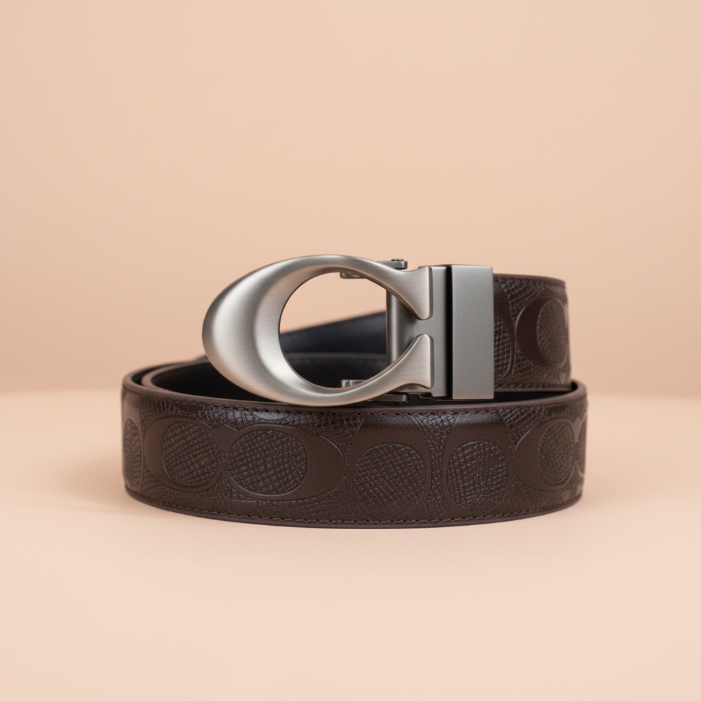 Close-up of silver-tone buckle and brown embossed belt on peach background