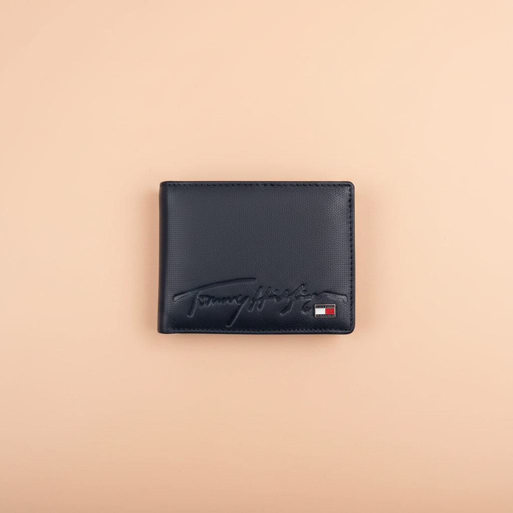 Tommy Hilfiger Navy Blue Wallet – Flat Lay Peach Background