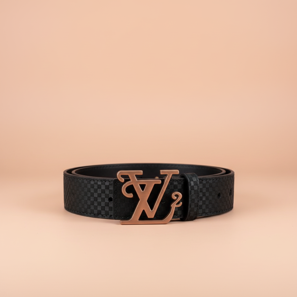 Black textured belt on a peach table from a low angle
