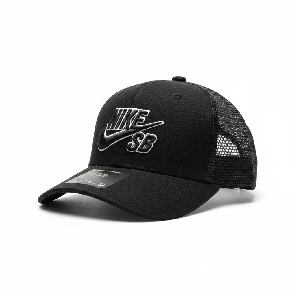 Nike SB Black Cap — white background studio low angle 3/4 front view