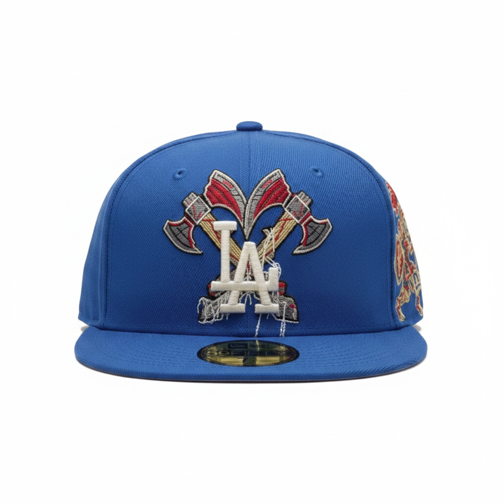 Royal blue fitted cap front view – embroidered LA logo with axe graphics, white background